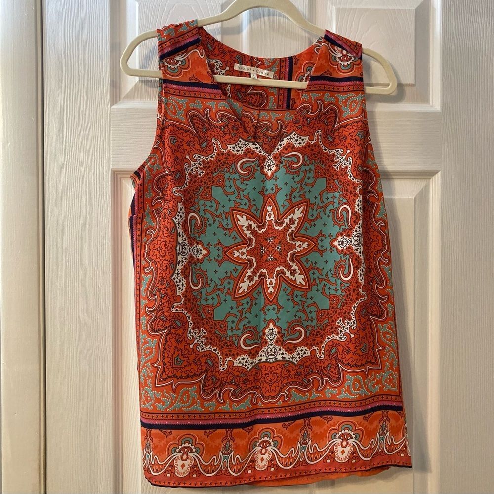 VGUC Violet & Claire Orange and Green Sleeveless Blouse Women’s Size L